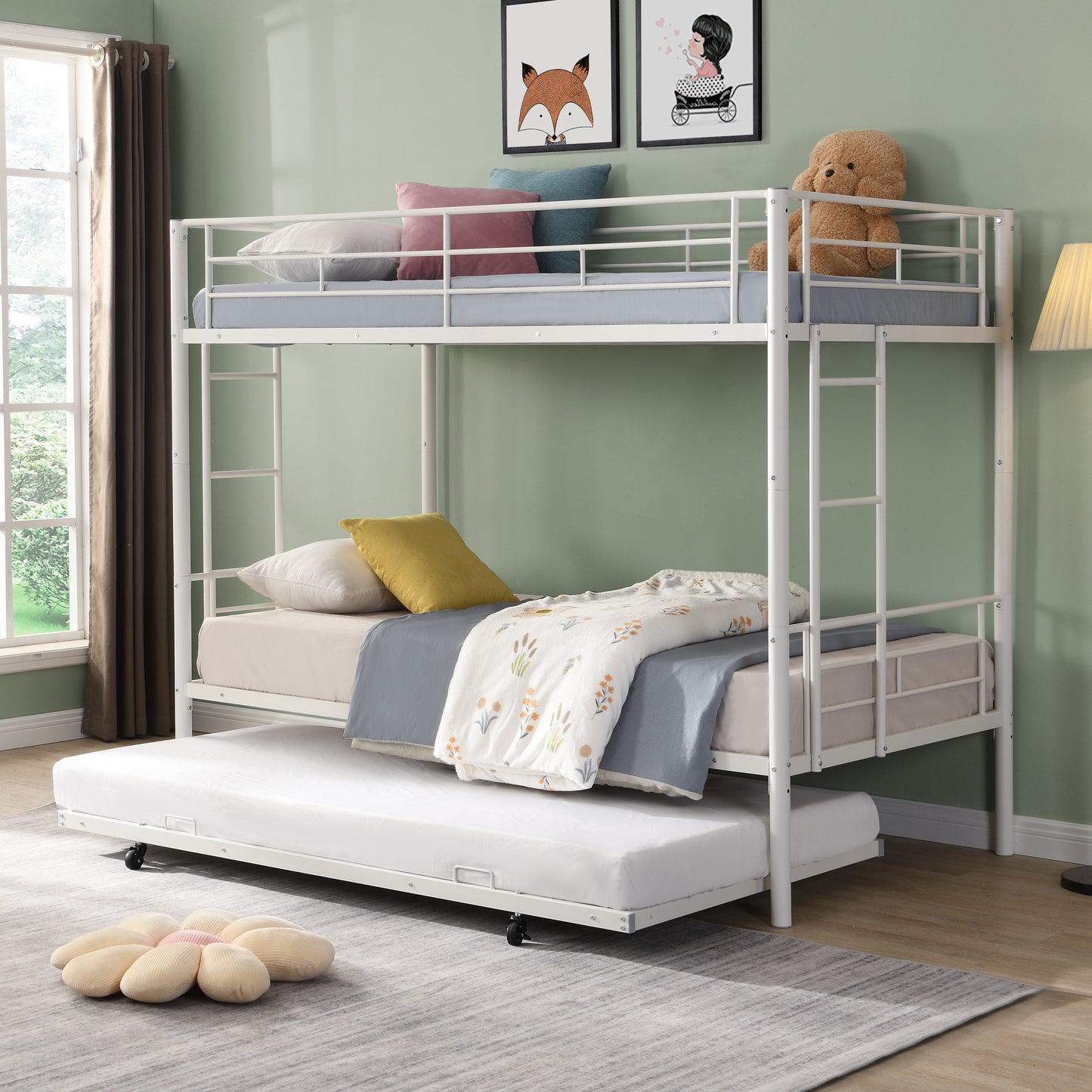 Twin Over Twin Bunk Bed with Trundle, LEGAHOME White Metal Bunk Bed For Teens, Heavy Duty Convertible BunkBeds for 350lbs Weight Capacity, White