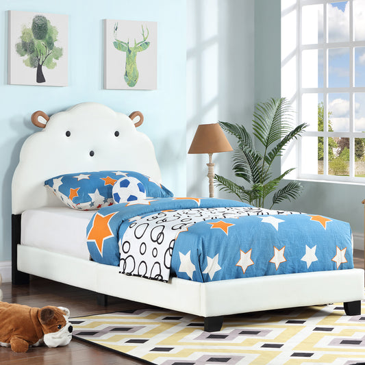 Upholstered Twin Platform Bed , Faux Leather Twin Bed Frame for Kids, Twin Bed with Sheep Design Headboard, Footboard, Bed Frame with Slatted Bed Base, White