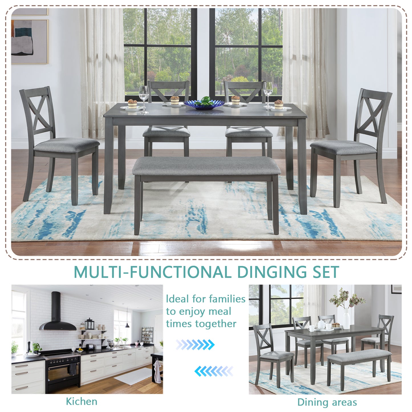 6 Pieces Dining Table Set, Farmhouse Wood Kitchen Table Set for 6 with Bench and 4 Cushioned Chairs, Farmhouse Rectangular Kitchen Dining Table and Chair Set for Dining Room, Gray