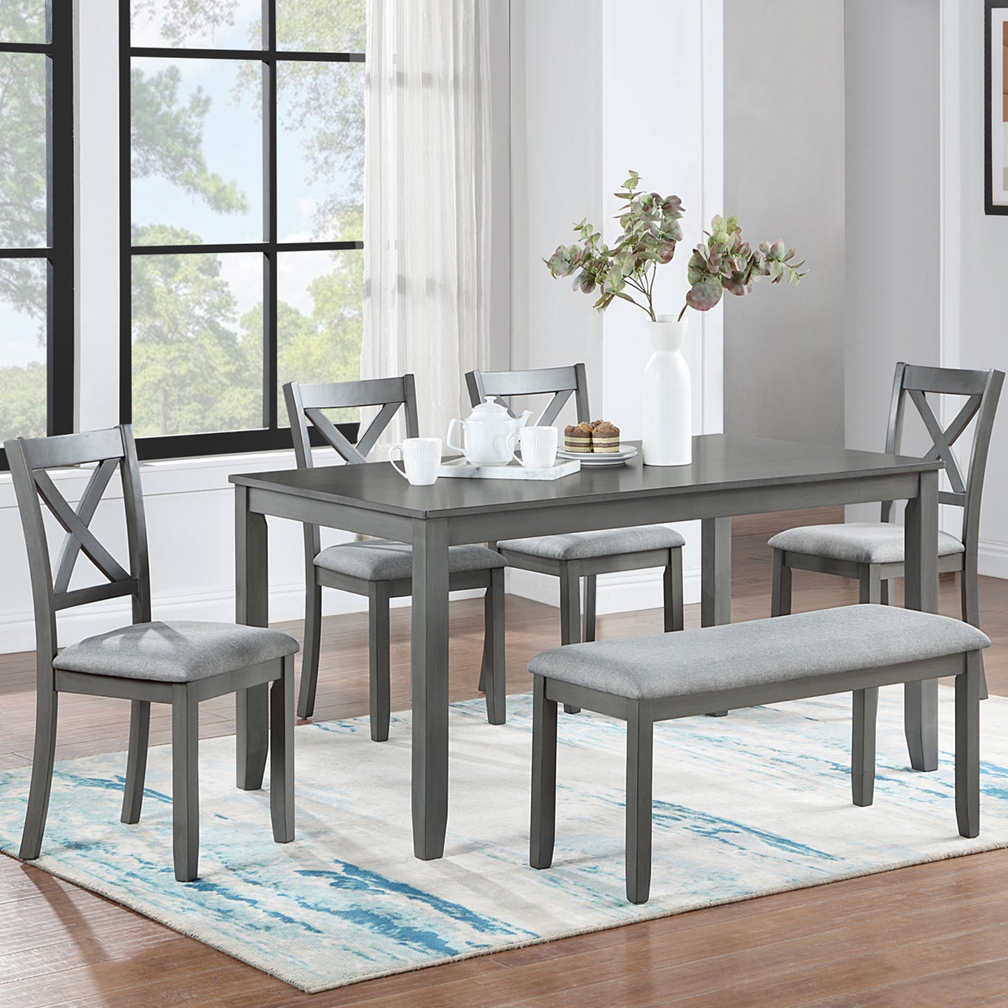 6 Pieces Dining Table Set, Farmhouse Wood Kitchen Table Set for 6 with Bench and 4 Cushioned Chairs, Farmhouse Rectangular Kitchen Dining Table and Chair Set for Dining Room, Gray