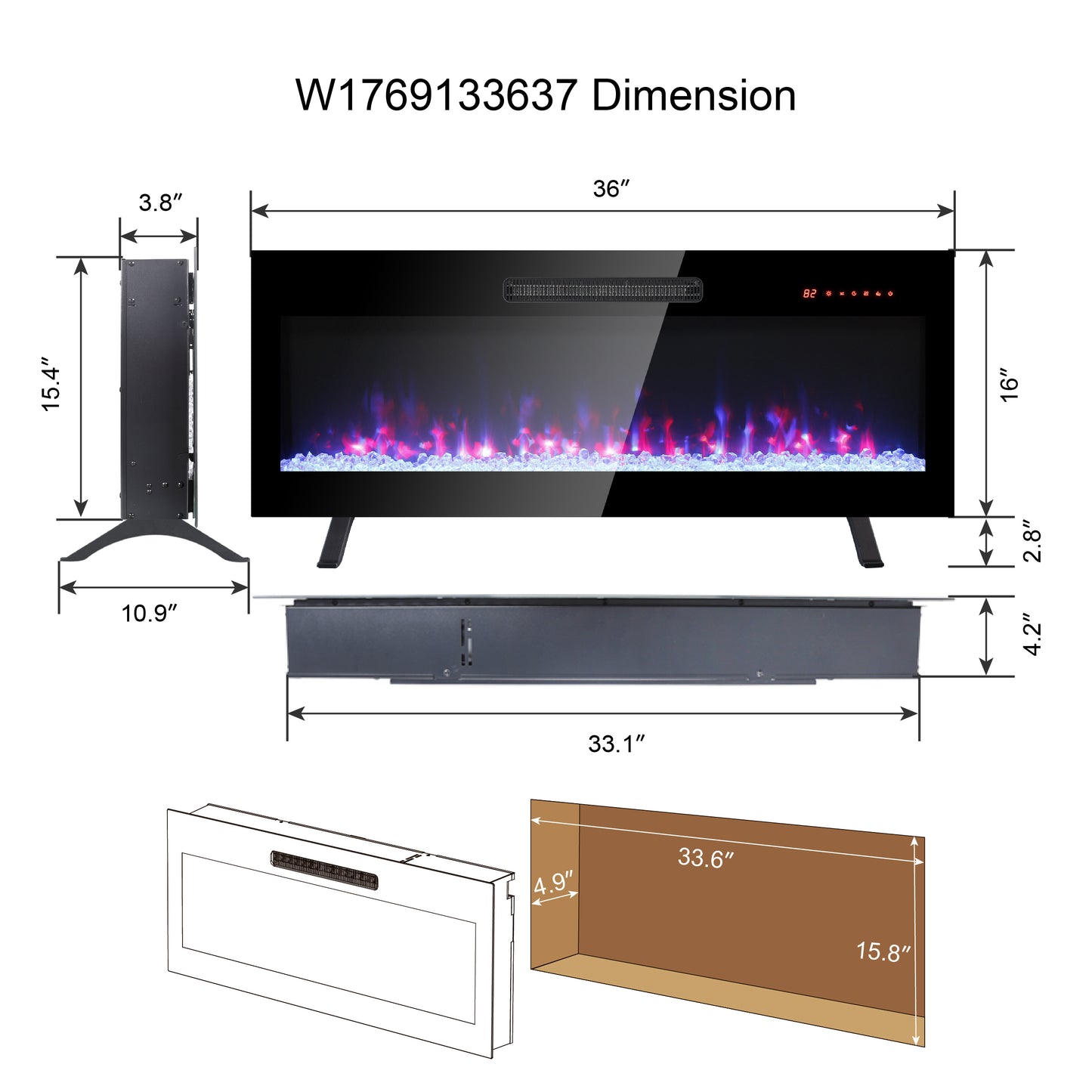 Electric Fireplace Recessed and Wall Mounted, Legahome Fireplace Heater with Remote Control, Linear Fireplace with Timer, Crystal, Adjustable Flame Color and Ember Bed Color, Freestanding