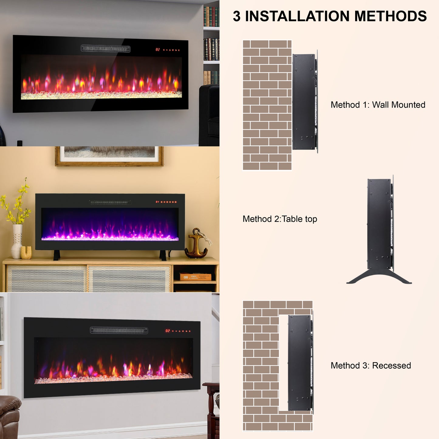 Electric Fireplace Recessed and Wall Mounted, Legahome Fireplace Heater with Remote Control, Linear Fireplace with Timer, Crystal, Adjustable Flame Color and Ember Bed Color, Freestanding