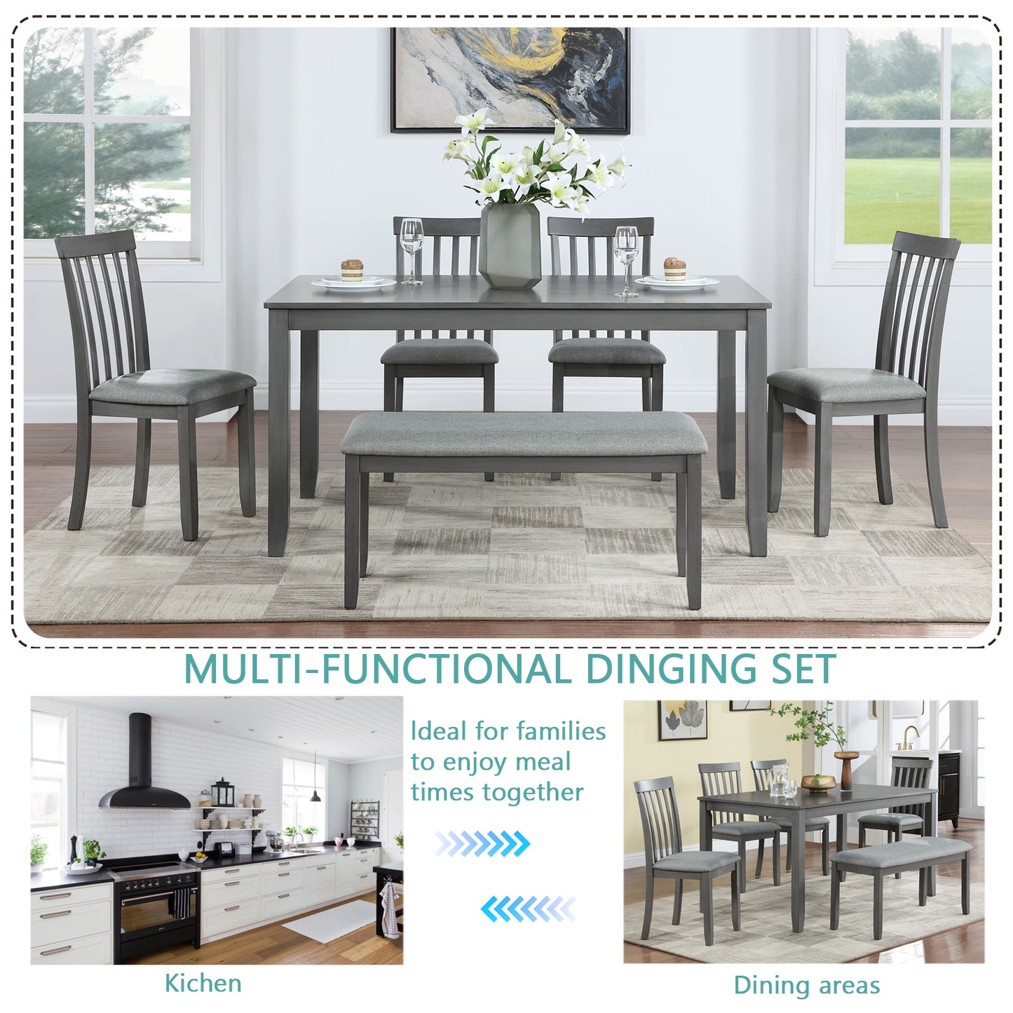 6 Pieces Dining Table Set, Farmhouse Wood Kitchen Table Set for 6 with Bench and 4 Cushioned Chairs, Farmhouse Rectangular Kitchen Dining Table and Chair Set for Dining Room, Gray
