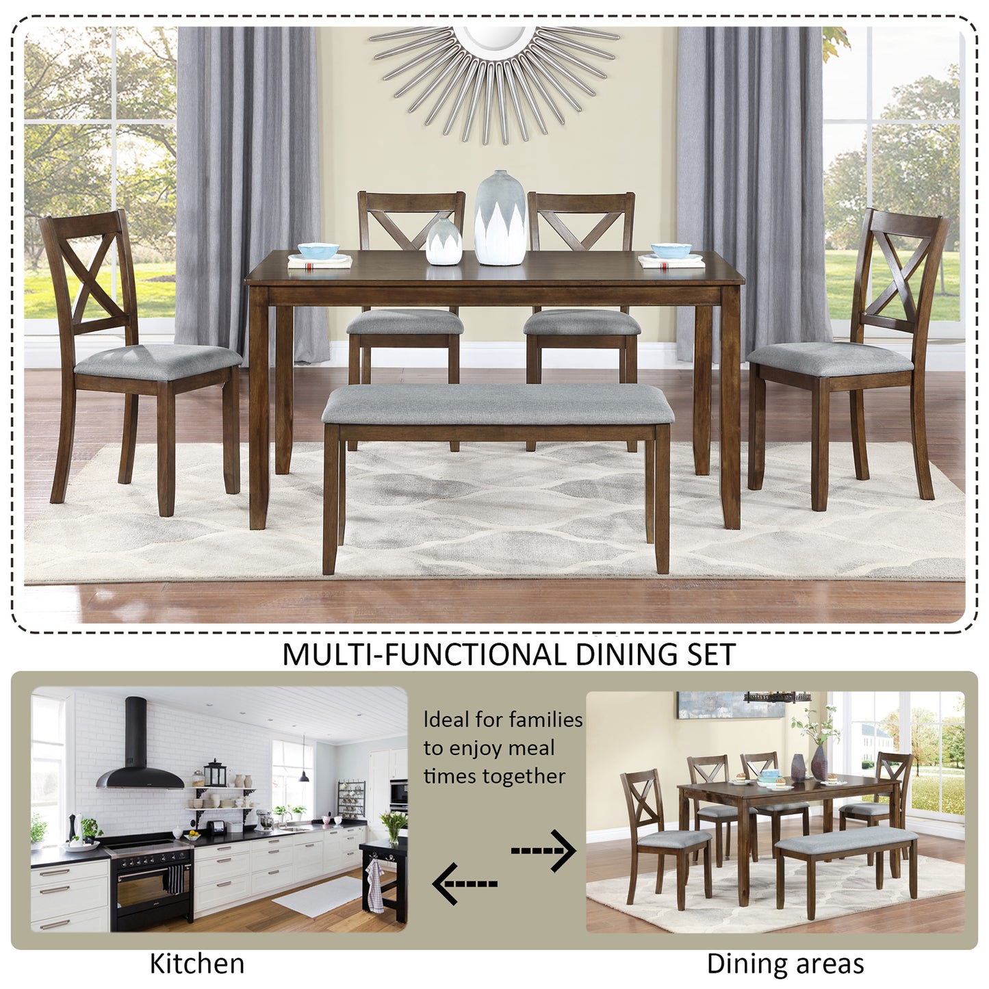 6 Pieces Dining Table Set, Farmhouse Wood Kitchen Table Set for 6 with Bench and 4 Cushioned Chairs, Farmhouse Rectangular Kitchen Dining Table and Chair Set for Dining Room, Gray