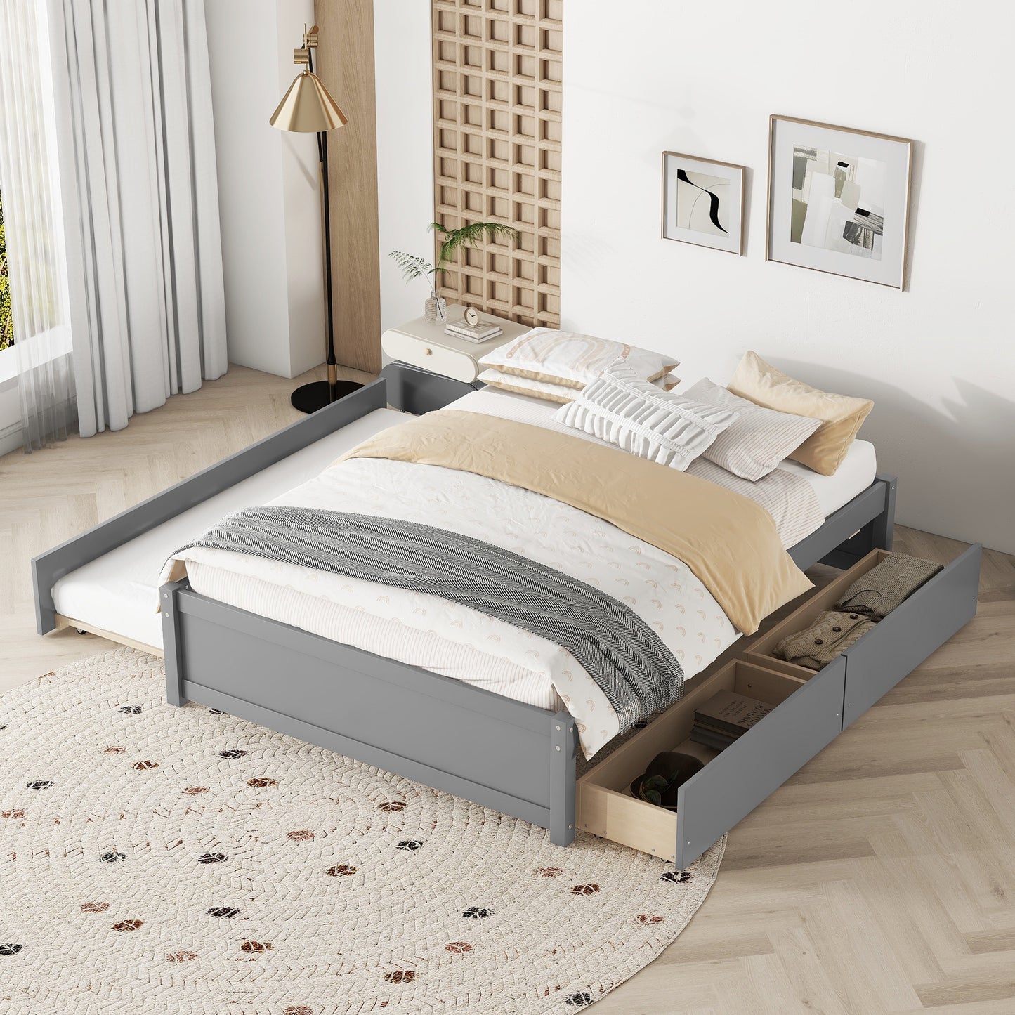 BTMWAY Full Size Platform Bed with Twin Size Trundle, Solid Wood Bed Frame with Headboard, No Box Spring Needed, Modern Full Size Daybed with Trundle Included, Gray