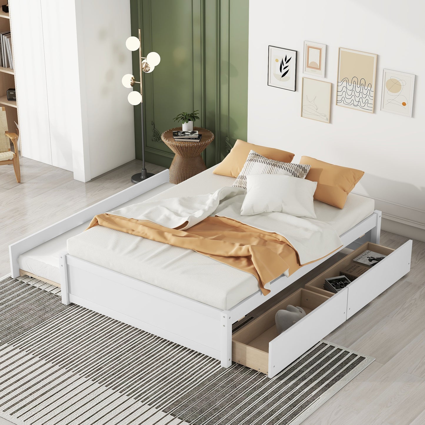 LegaHome Full Bed Frame with Trundle and 2 Drawers, Solid Wood Platform Bed with Headboard and Storage, No Box Spring Needed, Modern Full Size Daybed with Trundle Included, Easy Assembly, White&Oak