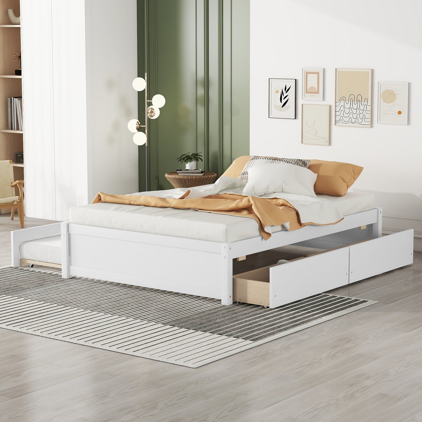 LegaHome Full Bed Frame with Trundle and 2 Drawers, Solid Wood Platform Bed with Headboard and Storage, No Box Spring Needed, Modern Full Size Daybed with Trundle Included, Easy Assembly, White&Oak