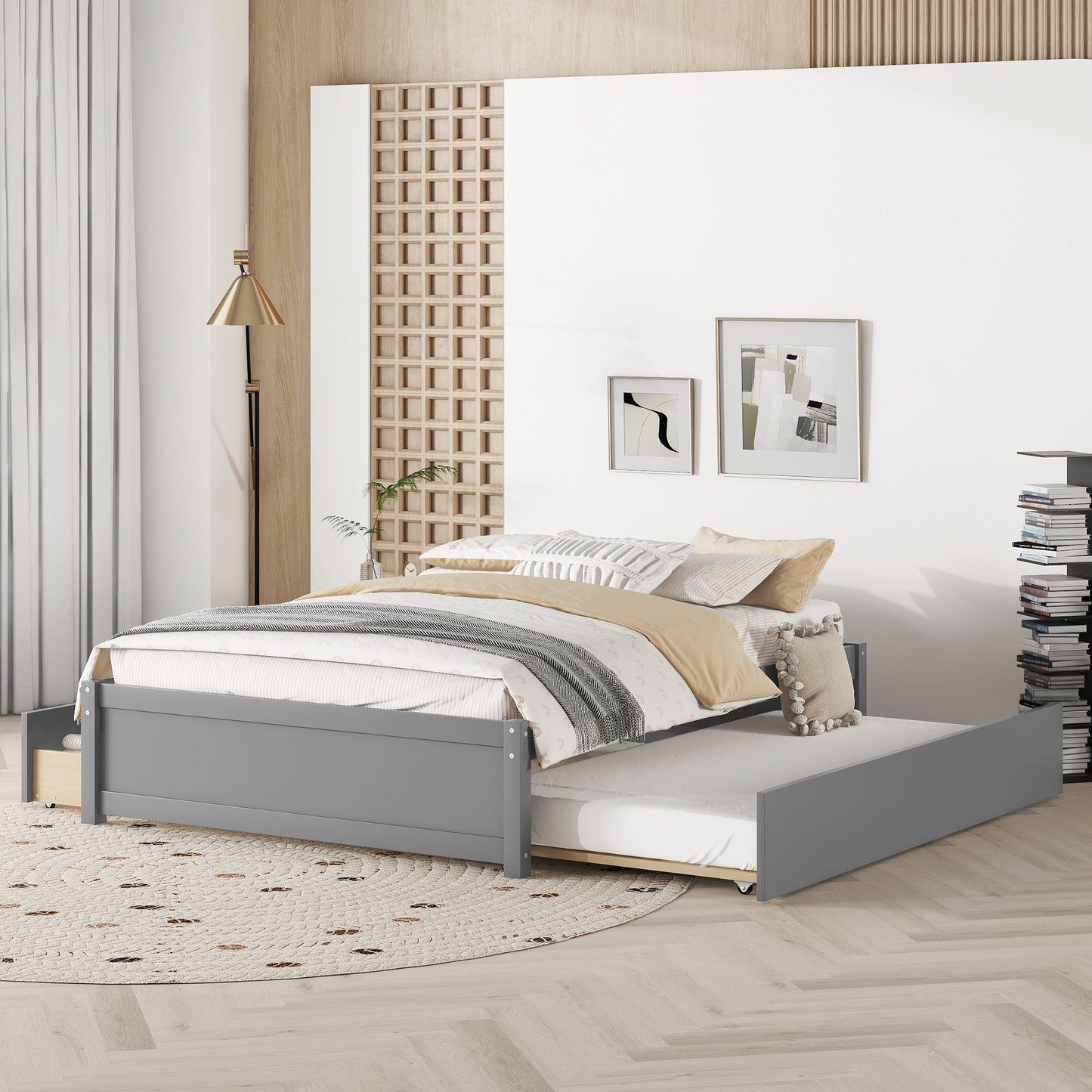 BTMWAY Full Size Platform Bed with Twin Size Trundle, Solid Wood Bed Frame with Headboard, No Box Spring Needed, Modern Full Size Daybed with Trundle Included, Gray