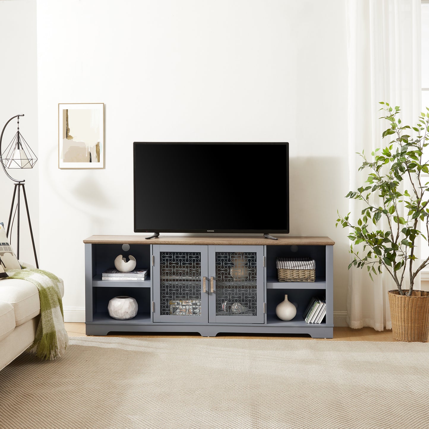 PORKISS TV Stand for 80 Inches TV, Modern Farmhouse Entertainment Center with 2 Doors and Open Storage Shelves, TV Consoles for Living Room, Light Blue and Light Oak
