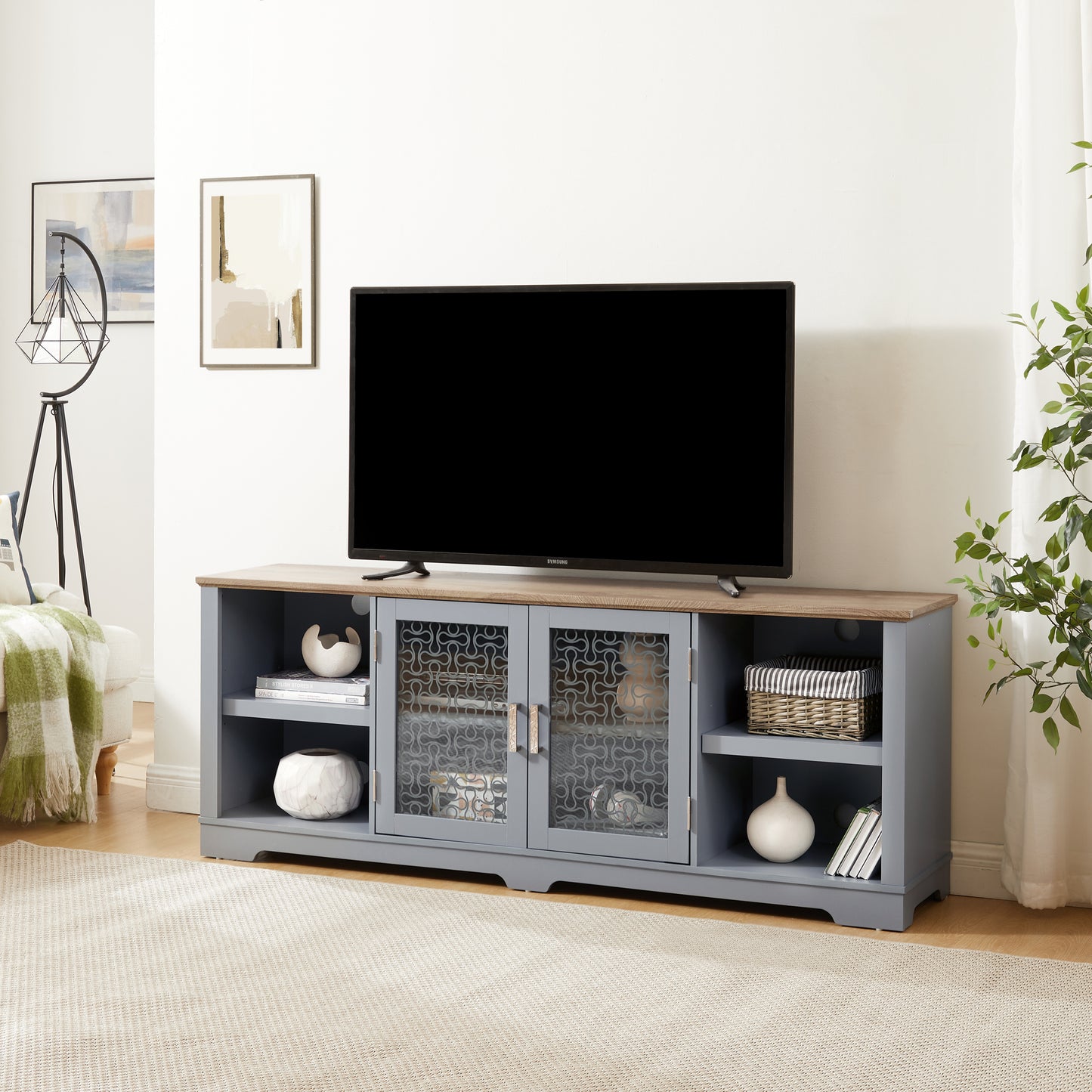 PORKISS TV Stand for 80 Inches TV, Modern Farmhouse Entertainment Center with 2 Doors and Open Storage Shelves, TV Consoles for Living Room, Light Blue and Light Oak