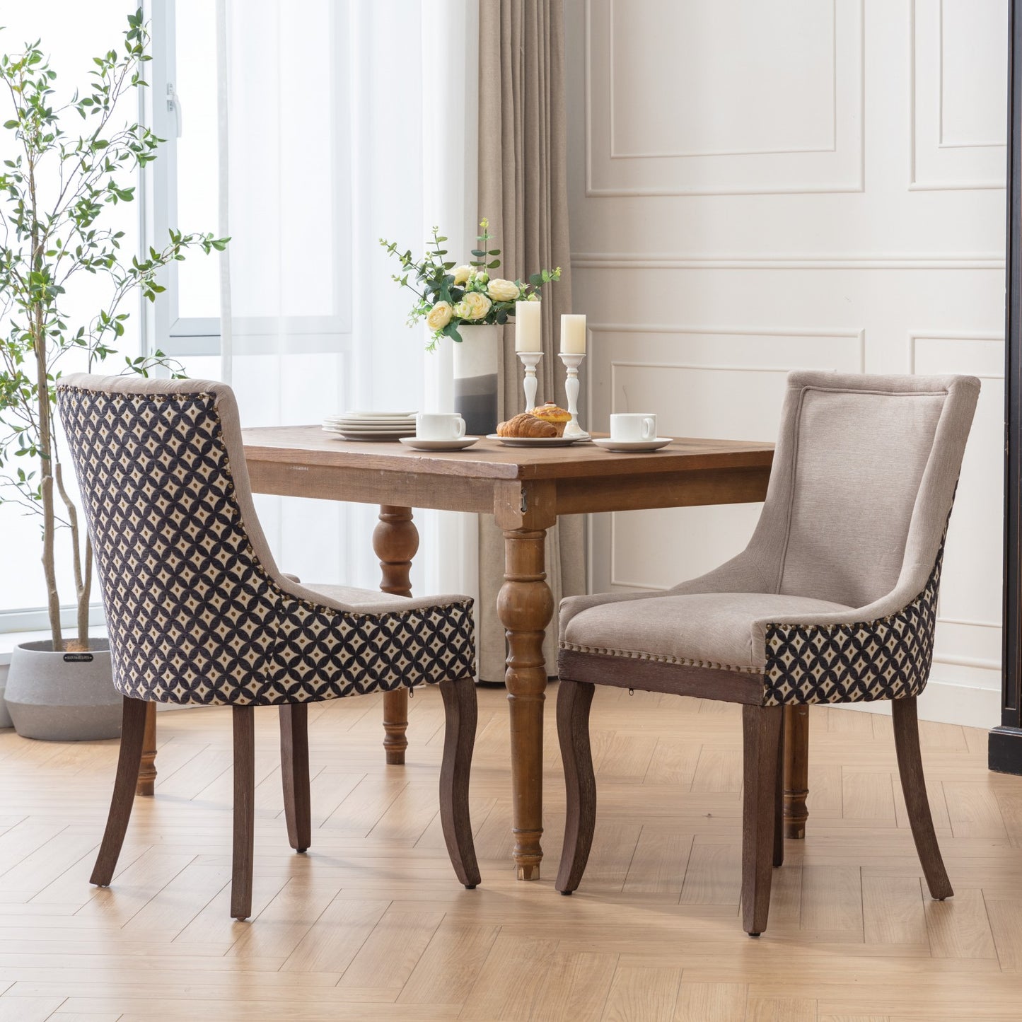 Dining Chairs Set of 2, LEGAHOME Yellow Fabric Upholstered Dining Chairs, Mid-century Kitchen Chairs with High Back, Bronze Nail Head, Solid Wood Legs, Yellow, 2 Pcs