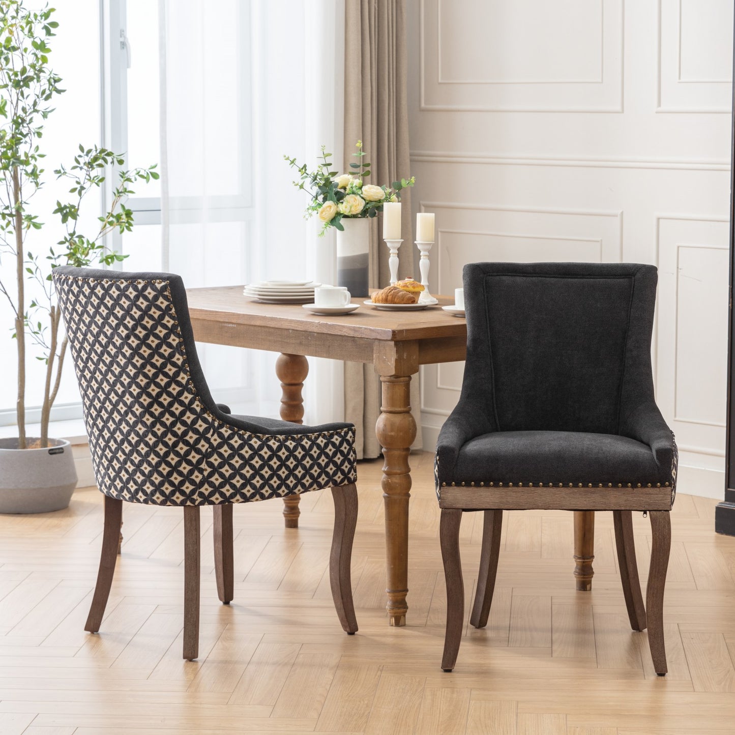 Dining Chairs Set of 2, LEGAHOME Yellow Fabric Upholstered Dining Chairs, Mid-century Kitchen Chairs with High Back, Bronze Nail Head, Solid Wood Legs, Yellow, 2 Pcs