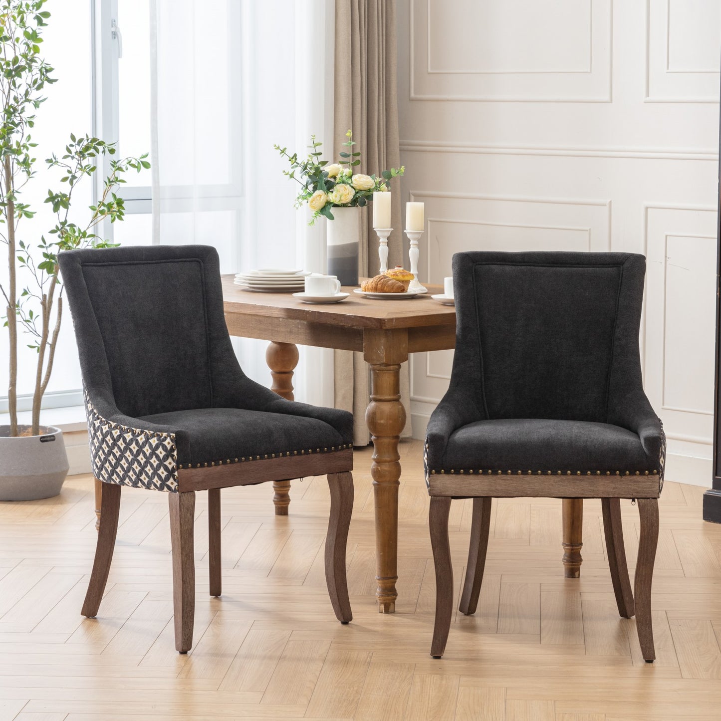 Dining Chairs Set of 2, LEGAHOME Yellow Fabric Upholstered Dining Chairs, Mid-century Kitchen Chairs with High Back, Bronze Nail Head, Solid Wood Legs, Yellow, 2 Pcs