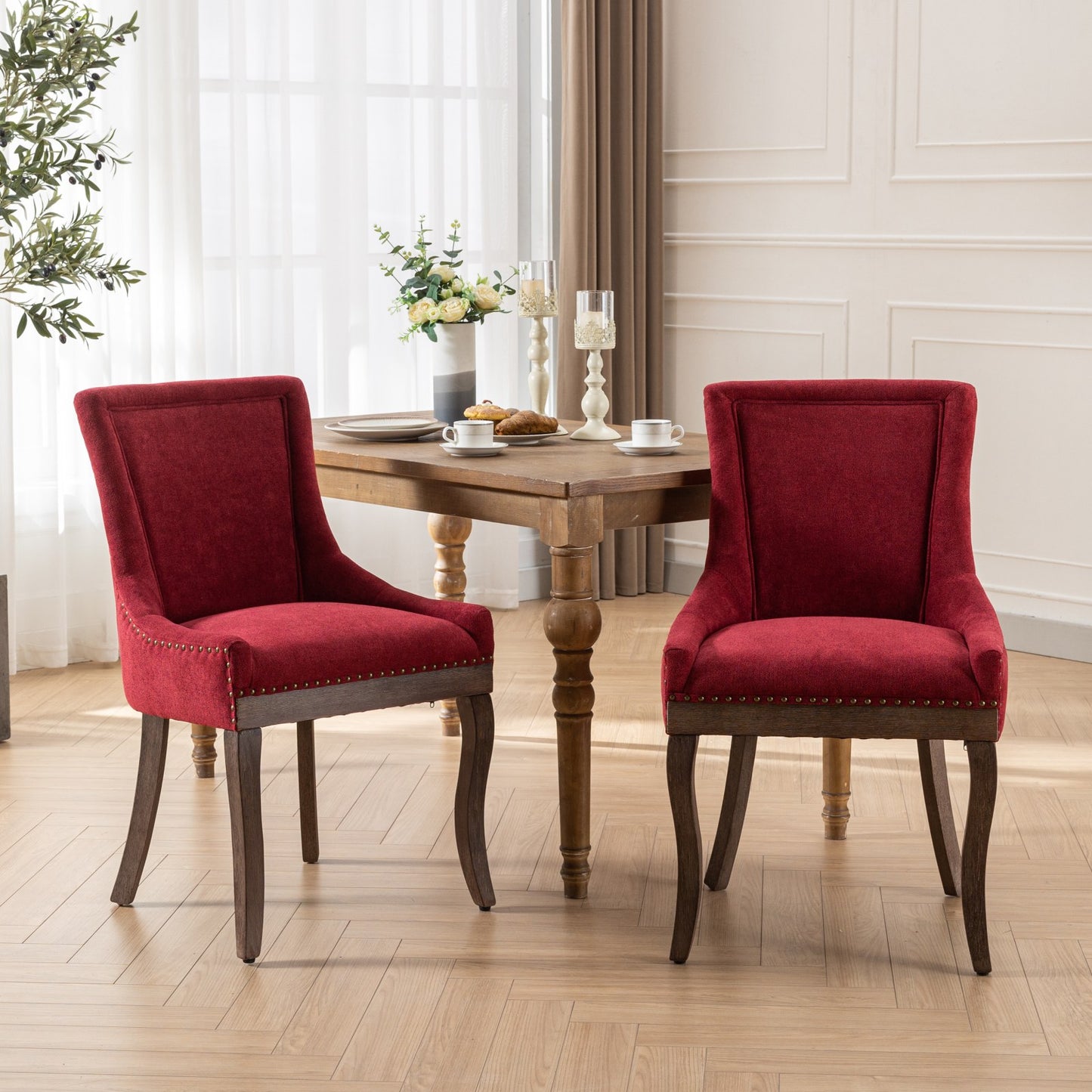 Dining Chairs Set of 2, LEGAHOME Yellow Fabric Upholstered Dining Chairs, Mid-century Kitchen Chairs with High Back, Bronze Nail Head, Solid Wood Legs, Yellow, 2 Pcs