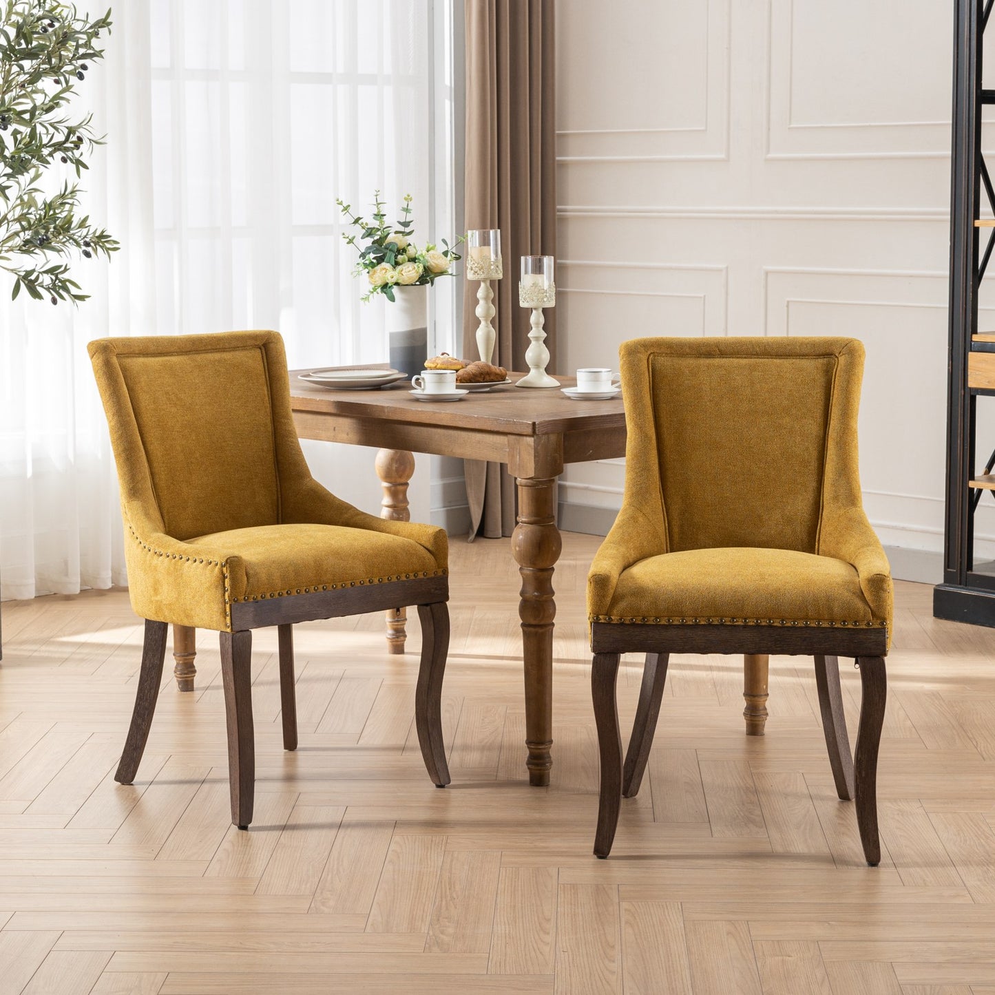 Dining Chairs Set of 2, LEGAHOME Yellow Fabric Upholstered Dining Chairs, Mid-century Kitchen Chairs with High Back, Bronze Nail Head, Solid Wood Legs, Yellow, 2 Pcs