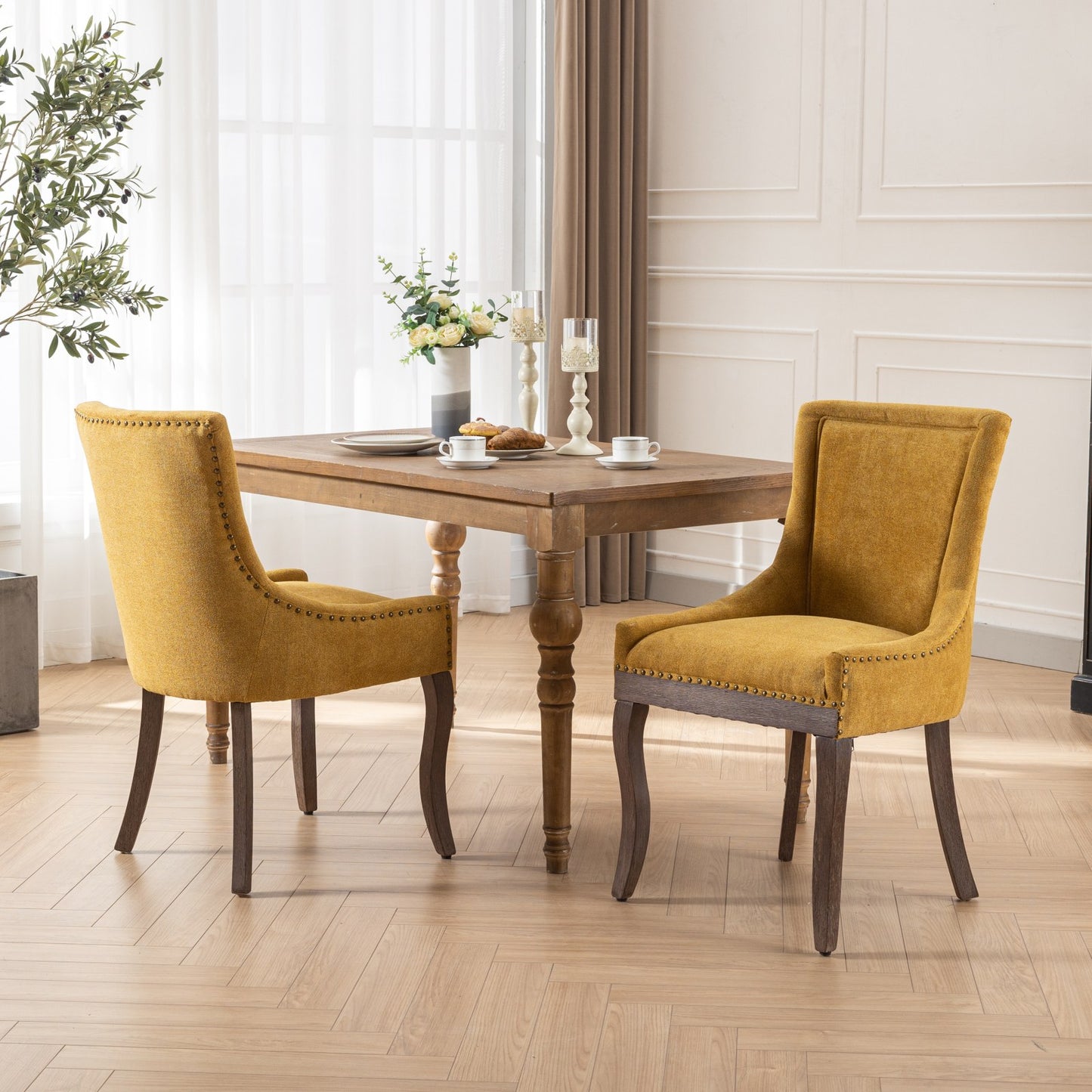 Dining Chairs Set of 2, LEGAHOME Yellow Fabric Upholstered Dining Chairs, Mid-century Kitchen Chairs with High Back, Bronze Nail Head, Solid Wood Legs, Yellow, 2 Pcs