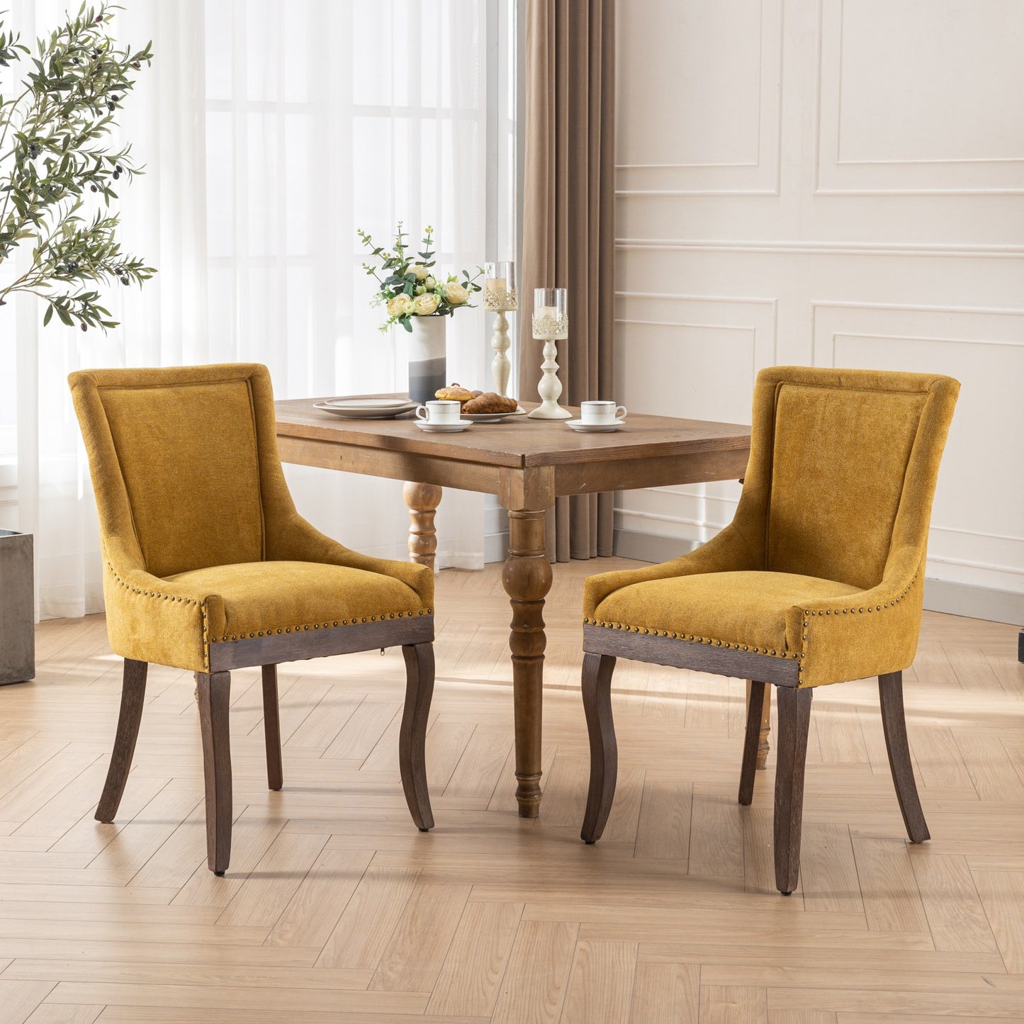 Dining Chairs Set of 2, LEGAHOME Yellow Fabric Upholstered Dining Chairs, Mid-century Kitchen Chairs with High Back, Bronze Nail Head, Solid Wood Legs, Yellow, 2 Pcs