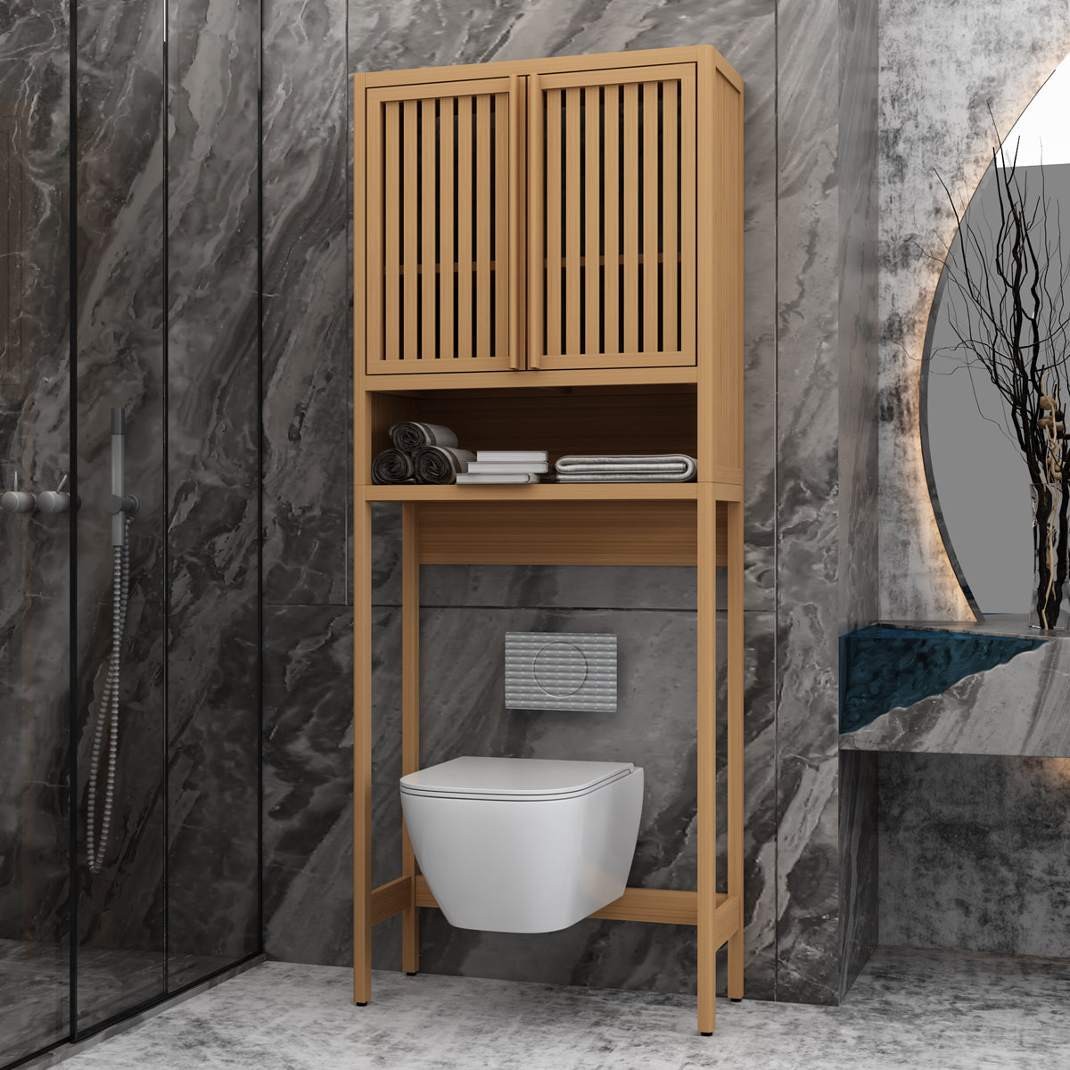 Legahome Over The Toilet Storage Shelf, Over-The-Toilet Bathroom Storage Cabinet with 2 Doors & 3 Storage Shelves, Space Saver Organizer for Bathroom, Laundry, White