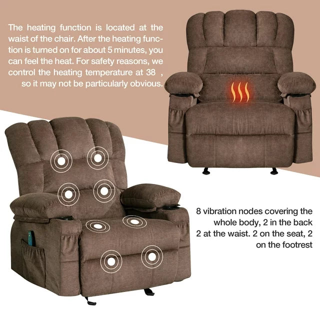 LegaHome Massage Recliner Chair, Brown Fabric Manual Reclining Sofa with Heat Therapy, Massage Function, Rocking Function, Cup Holder and Side Pocket, Heavy Duty Rocker Sofa for Elderly Home Theater