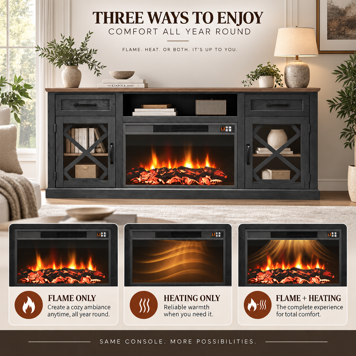 Fireplace TV Stand, LEGAHOME 70in TV Stand with 30in Fireplace for 80 inch TVs, Farmhouse Entertainment Center for Living Room, 500Sqt Heating Area, Black
