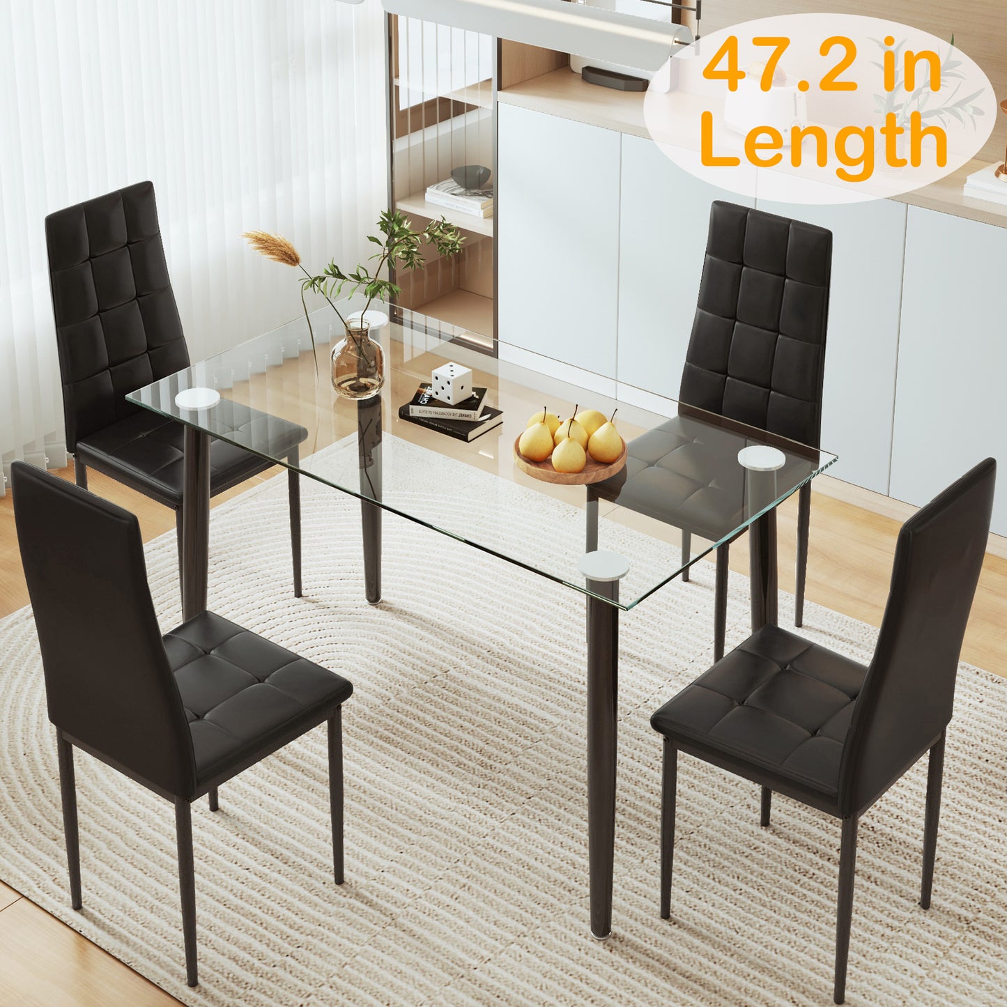 Dining Table Set for 4, Legahome 5 Piece Glass Dining Room Set with 4 Upholstered Chairs, 47in Length Rectangle Kitchen Table and Chairs Set for Breakfast Nook, Dining Room, Black