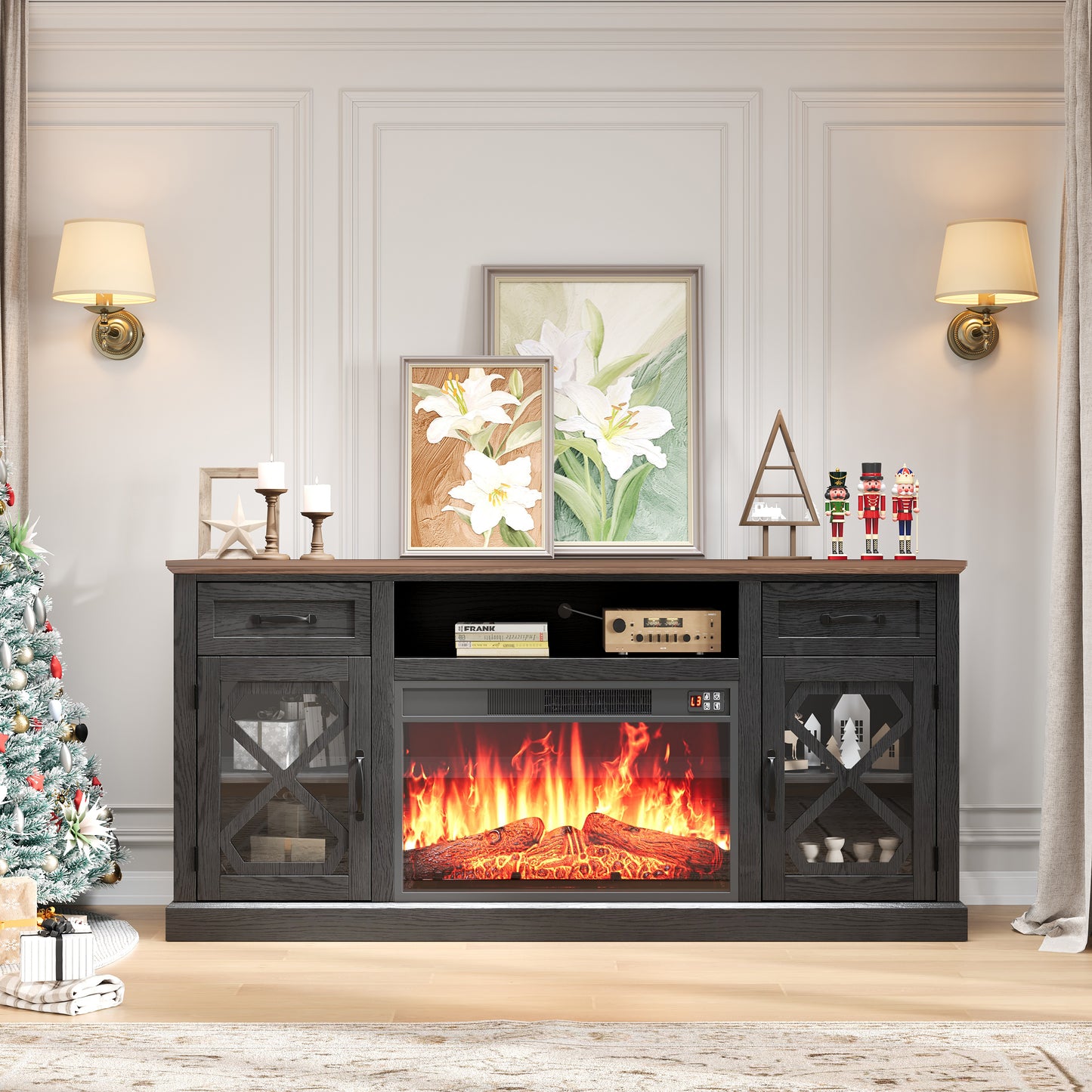 Fireplace TV Stand, LEGAHOME 59in TV Stand with 23in Fireplace for 65 inch TVs, Farmhouse Entertainment Center for Living Room, 400Sqt Heating Area, Gray