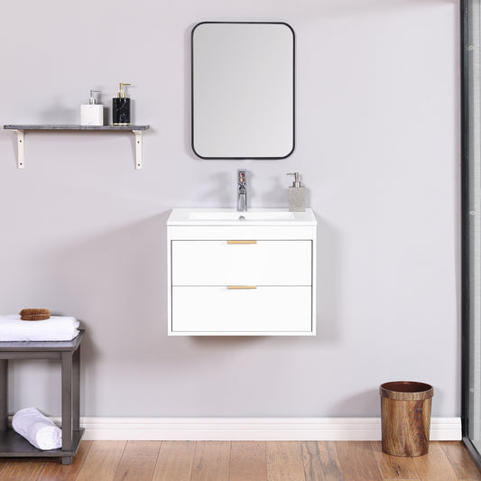 24" Floating Bathroom Vanity with Sink, Wall Mounted Single Ceramic Sink Bathroom Storage Vanity Cabinet, Modern Bathroom Sink Cabinet with Metal Handles