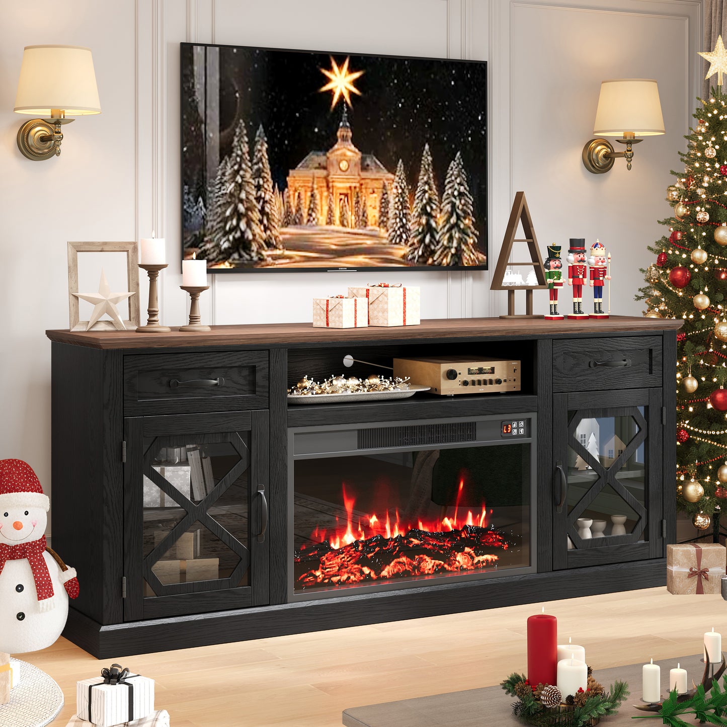 Fireplace TV Stand, LEGAHOME 70in TV Stand with 30in Fireplace for 80 inch TVs, Farmhouse Entertainment Center for Living Room, 500Sqt Heating Area, Black