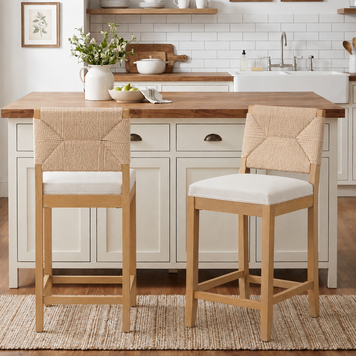 Bar Stools Sets of 2, Counter Height Bar Stools with Woven Seagrass Back, Linen Upholstered 26" Counter Stools for 35-39" Kitchen Island Counter, Beige