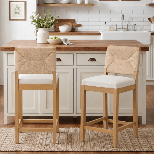 Bar Stools Sets of 2, Counter Height Bar Stools with Woven Seagrass Back, Linen Upholstered 26" Counter Stools for 35-39" Kitchen Island Counter, Beige