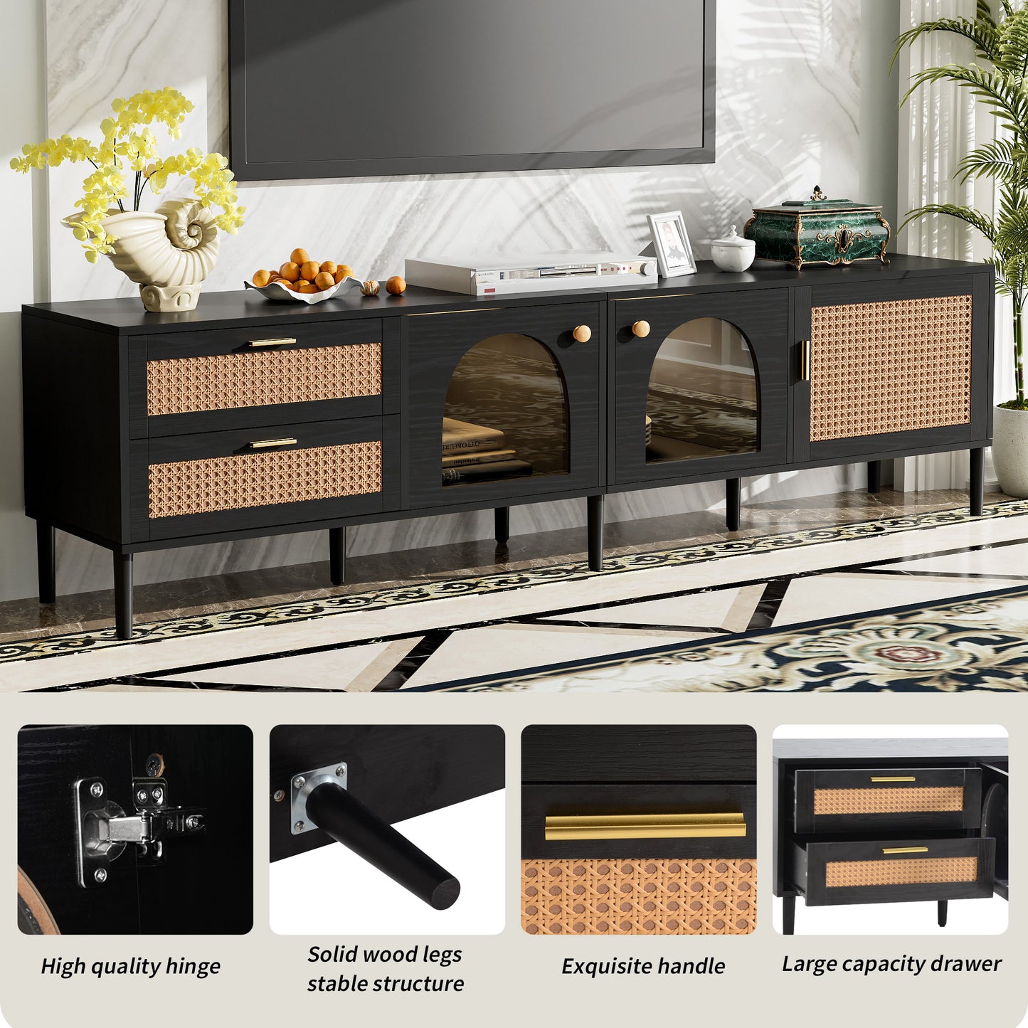 PORKISS TV Stand for 80 Inch TV, Modern TV Cabinet with Glass Doors and 2 Storage Drawers, Wood Top, Media Console Table Entertainment Center for Living Room, Black