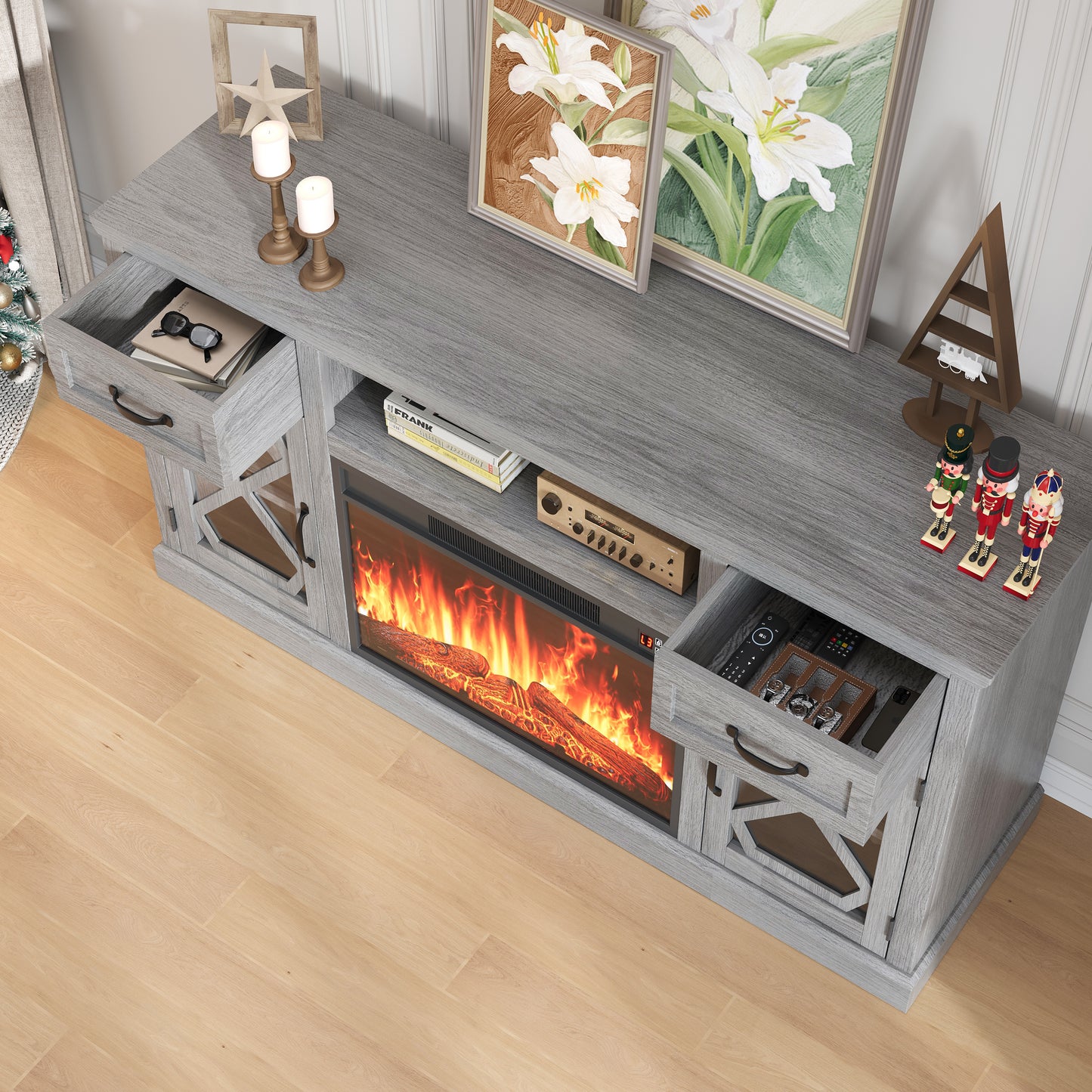 Fireplace TV Stand, LEGAHOME 59in TV Stand with 23in Fireplace for 65 inch TVs, Farmhouse Entertainment Center for Living Room, 400Sqt Heating Area, Gray