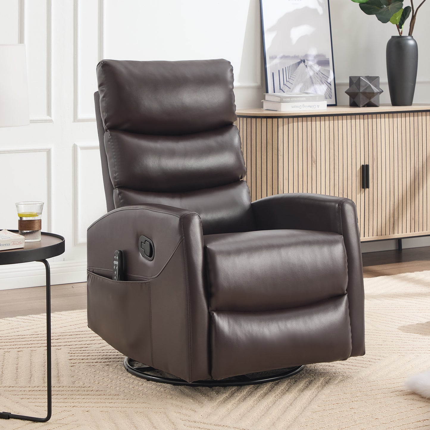 Swivel Rocker Recliner, 360° Swivel Glider Chair with Heat and Massage, Manual Recliner Nursery Chair with Side Pockets for Living Room, PU Leather, Red