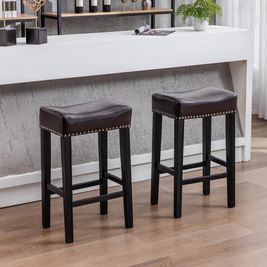 29" Bar Stools Set of 2, Faux Leather Backless Counter Height Barstools, Farmhouse Island Chairs for Kitchen, Brown