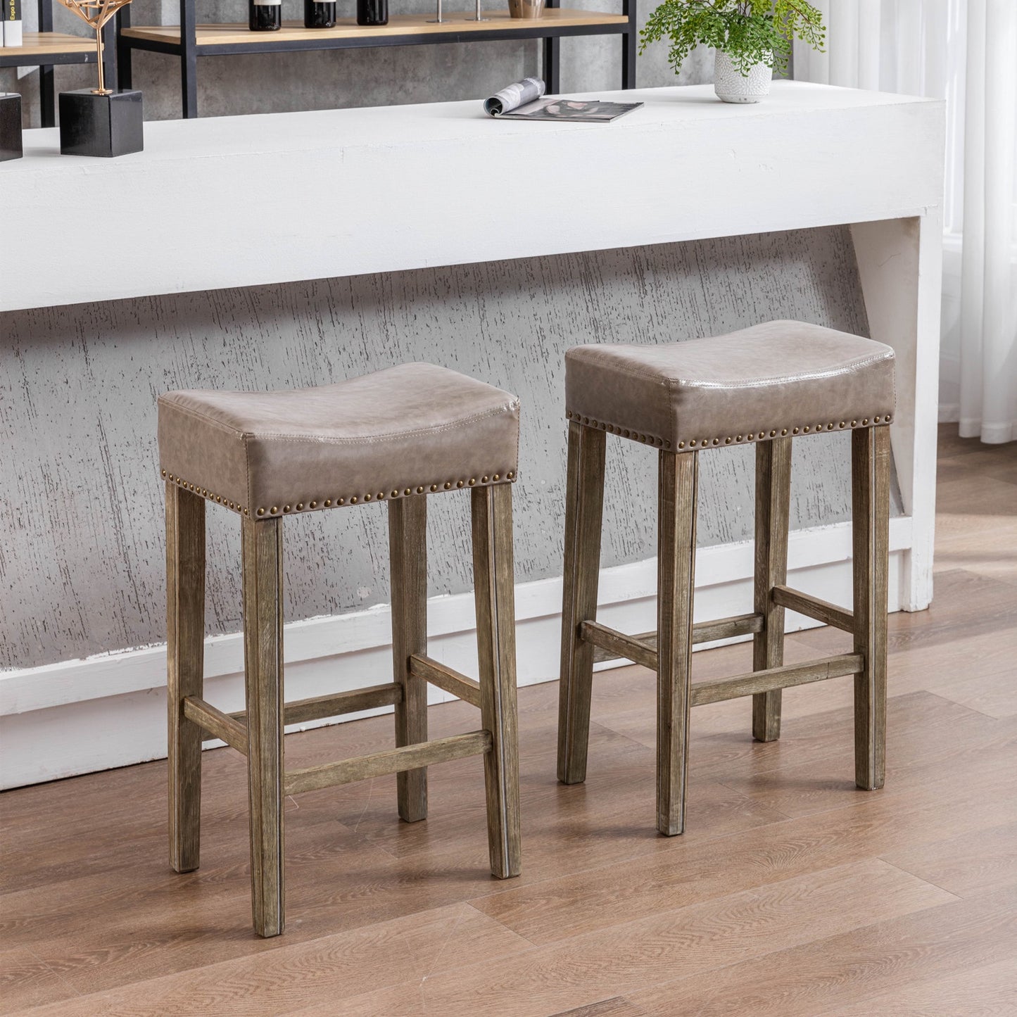 29" Bar Stools Set of 2, Faux Leather Backless Counter Height Barstools, Farmhouse Island Chairs for Kitchen, Brown