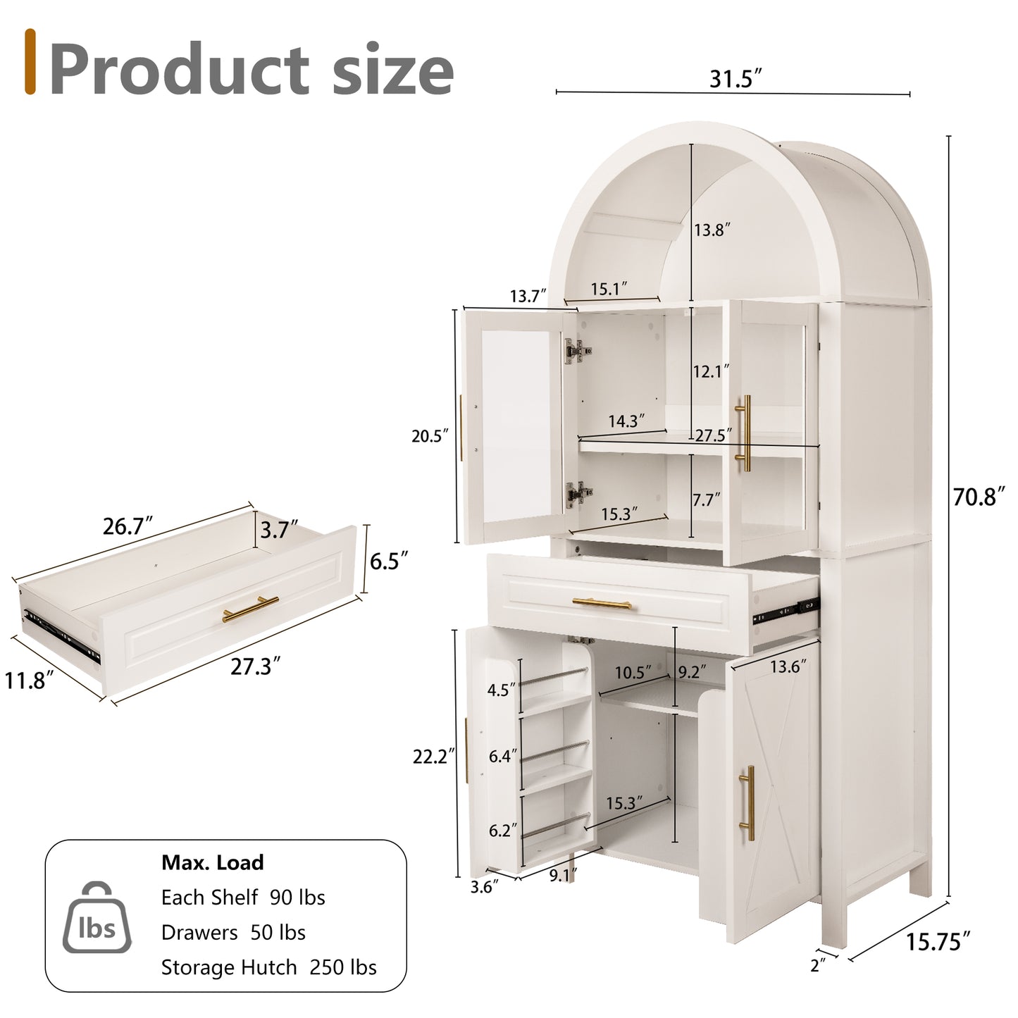 71'' Tall Arched Pantry Storage Cabinet, Legahome Kitchen Pantry with 1 Drawer & 9 Shelves & 4 Doors & Adjustable Shelves, Kitchen Pantry Storage Cabinet for Dining Living Room, White