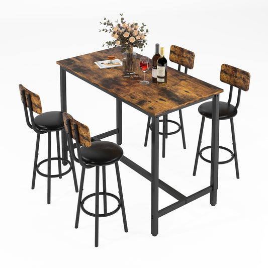 Counter Height Table Set of 4, LEAGHOME Bar Table Set for 4, Kitchen Dining Set with 4 Backrest Chairs, Rectangle Dinette Pub Table Set, Bar Table and Chairs Set for Kitchen Breakfast Nook, Brown