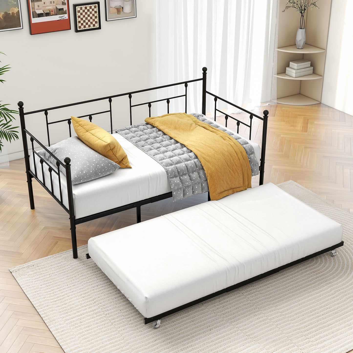 PAPROOS Twin Metal Daybed with Pop Up Trundle Bed