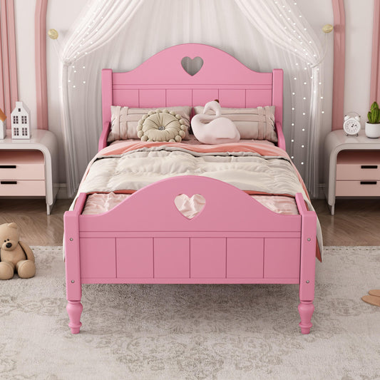 Twin Bed Frames for Girls, Princess Bed Platform No Box Spring Needed, Wood Twin Size Bed Frame with Headboard and Footboard, Side Safety Rails, Macaron Pink