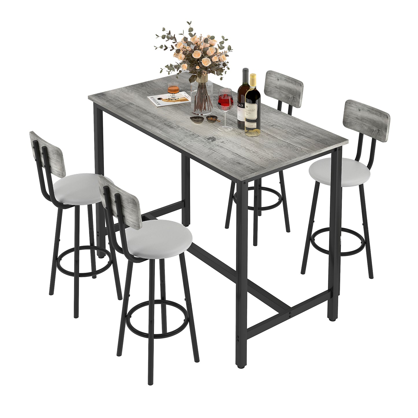 Counter Height Table Set of 4, LEAGHOME Bar Table Set for 4, Kitchen Dining Set with 4 Backrest Chairs, Rectangle Dinette Pub Table Set, Bar Table and Chairs Set for Kitchen Breakfast Nook, Brown