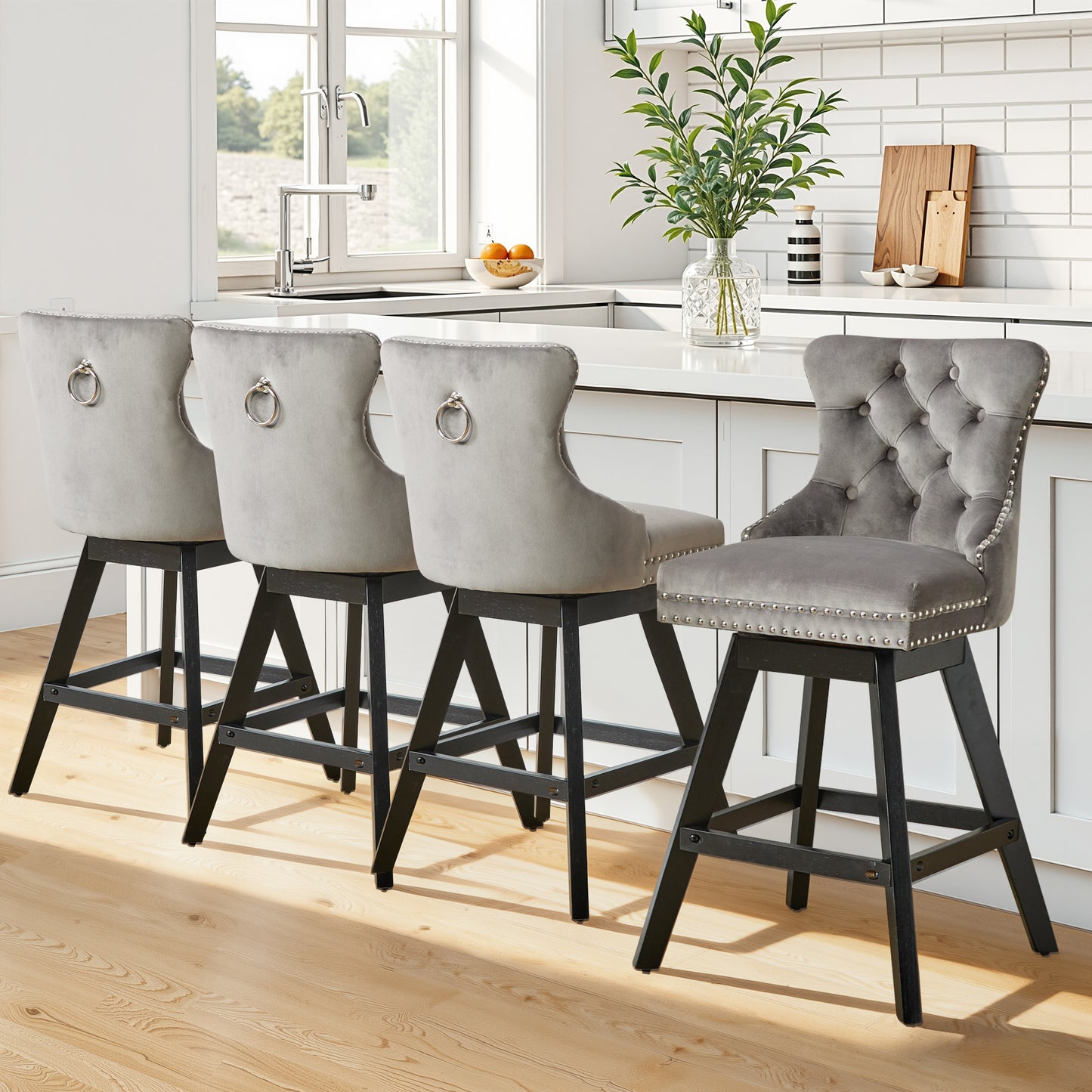 Swivel Bar Stools of 4, LEGAHOME 26"H Counter Height Swivel Barstools with Tufted Back, Velvet Upholstered Kitchen Barstool Chair for Island with Solid Wood Legs, Black (Set of 4)