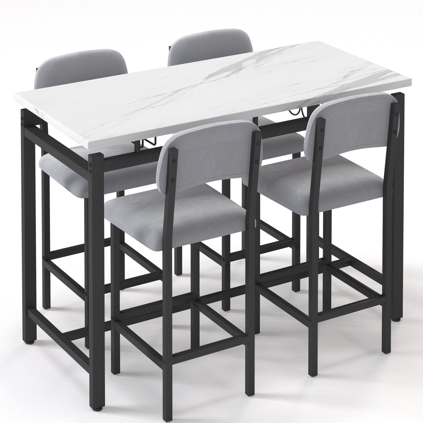 Dining Table Set for 4, Counter Height Kitchen Table Set with Chairs for 4, 5 Piece Bar Table and Stools Set, Modern Dining Room Set with Wine Rack, Faux Marble Table and PU Leather Chair, Gray