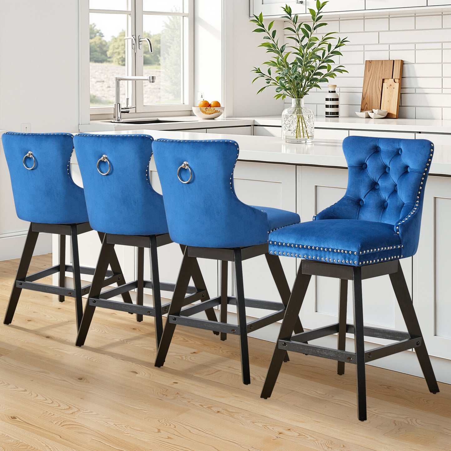 Swivel Bar Stools of 4, LEGAHOME 26"H Counter Height Swivel Barstools with Tufted Back, Velvet Upholstered Kitchen Barstool Chair for Island with Solid Wood Legs, Black (Set of 4)