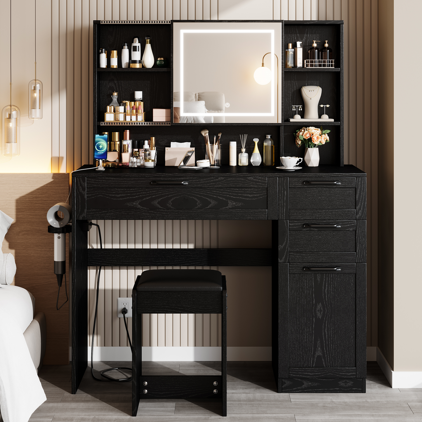Vanity Set with Sliding Mirror and Lights, Modern Lighted Makeup Vanity Table Set, Vanity Desk with Chair Set for Girls, Dressing Table with Drawers for Bedroom