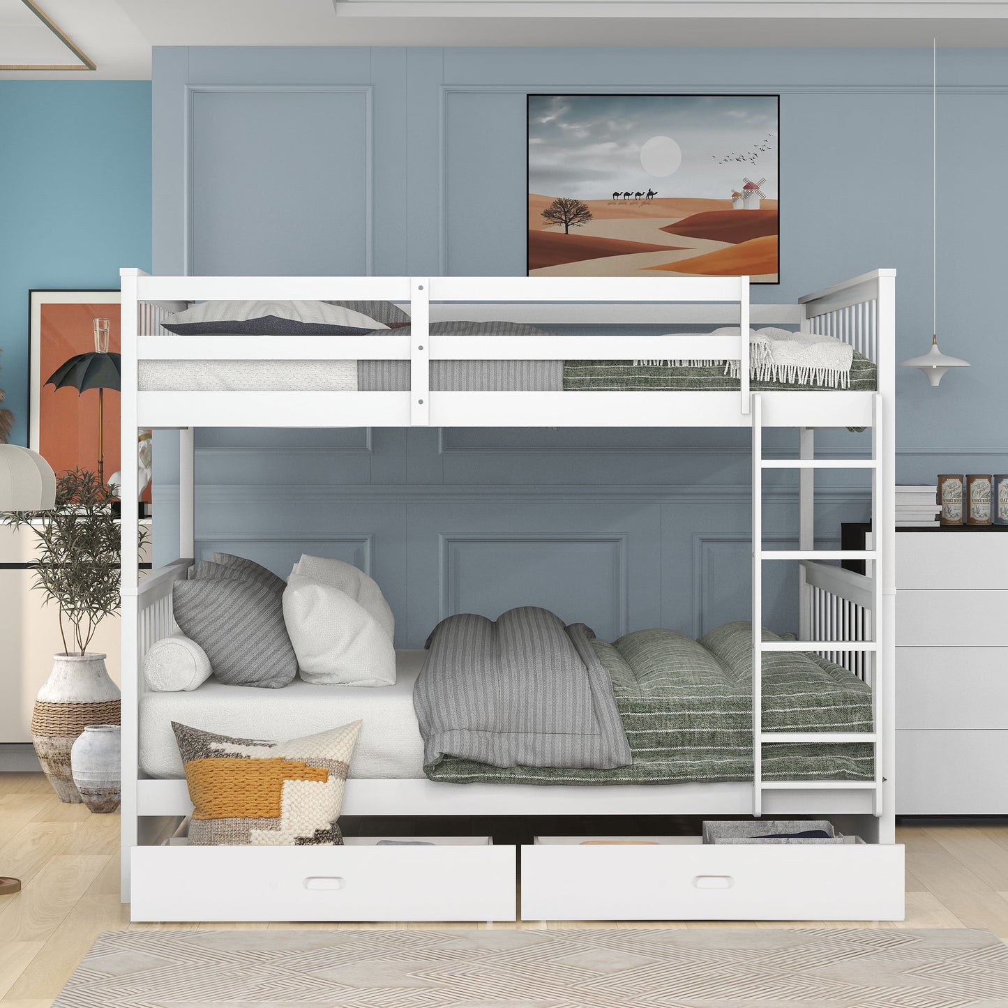 White Full Over Full Bunk Bed with Storage, Modern Solid Wood Bunk Bed Frame with Ladder and 2 Drawers, Can Be Divided Into 2 Beds, Full Size Bunk Bed for Kids Boys Girls Teens, 80" x 58.7" x 64.6"