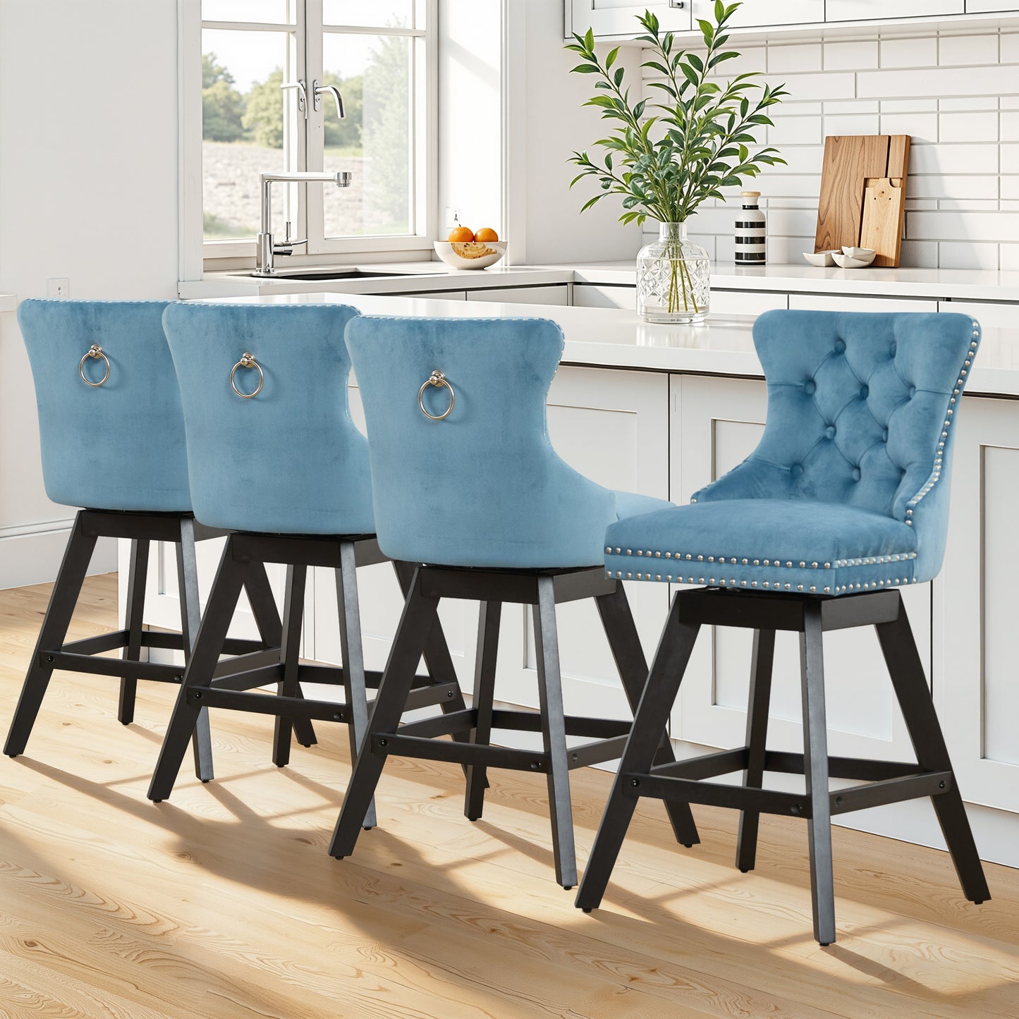 Swivel Bar Stools of 4, LEGAHOME 26"H Counter Height Swivel Barstools with Tufted Back, Velvet Upholstered Kitchen Barstool Chair for Island with Solid Wood Legs, Black (Set of 4)