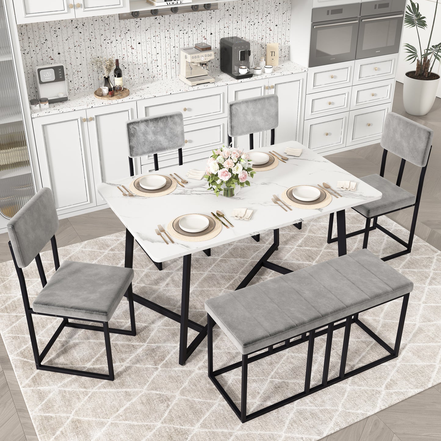 Dining Table Set for 6, Modern Faux Marble Dining Room Table Sets with 4 Leatherette Chairs&1 Bench, Rectangular Kitchen Table and Chairs Set for Apartment, Space Saves White Table and Velvet Chairs