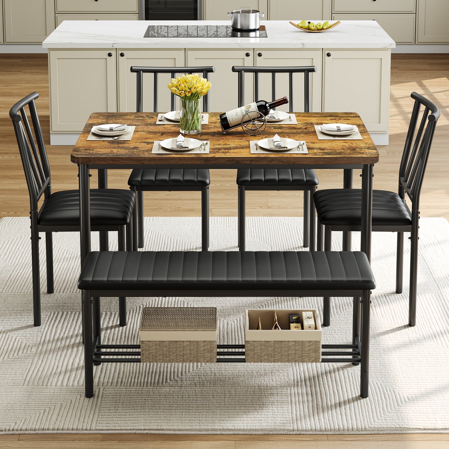 Dining Table Set for 6, Modern Faux Marble Dining Room Table Sets with 4 Leatherette Chairs&1 Bench, Rectangular Kitchen Table and Chairs Set for Apartment, Space Saves Gray Table and Leather Chairs