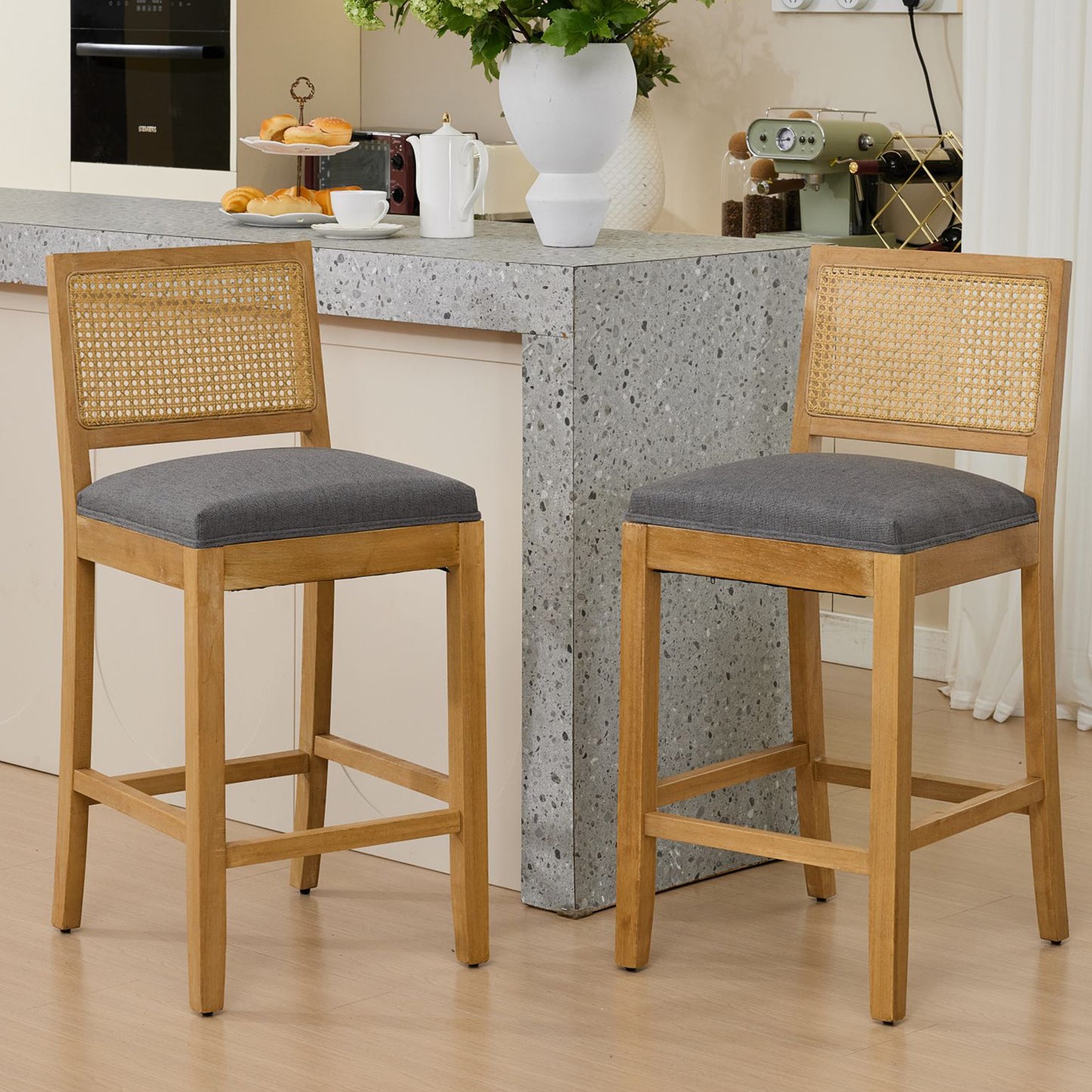 Bar Stools Set of 2, Legahome 28" Bar Height Bar Stool, Farmhouse Linen Upholstered Bar Stool with Rattan-Back, Boho Solid Wood Bar Stools Set for Kitchen Island Dining Room