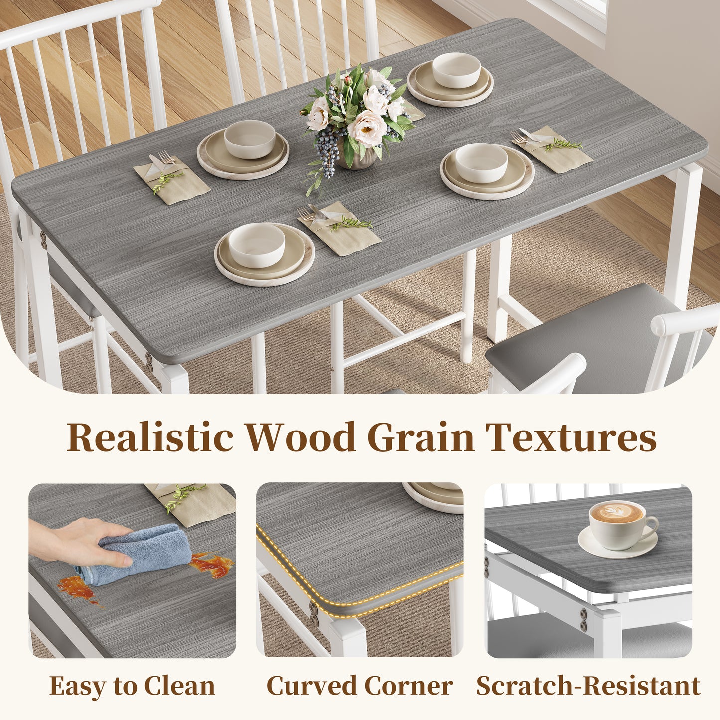 Dining Room Table Set for 4, LEGAHOME 5 Piece Bar Height Dining Table Set with 4 Stools, Pub Table and Chairs Set for Kitchen Dining Room, Gray Tabletop & White Frame